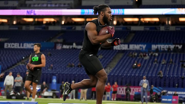 Mar 1, 2025; Indianapolis, IN, USA; Virginia Tech running back Bhayshul Tuten (RB30) during the 2025 NFL Combine at Lucas Oil Stadium. Mandatory Credit: Kirby Lee-Imagn Images