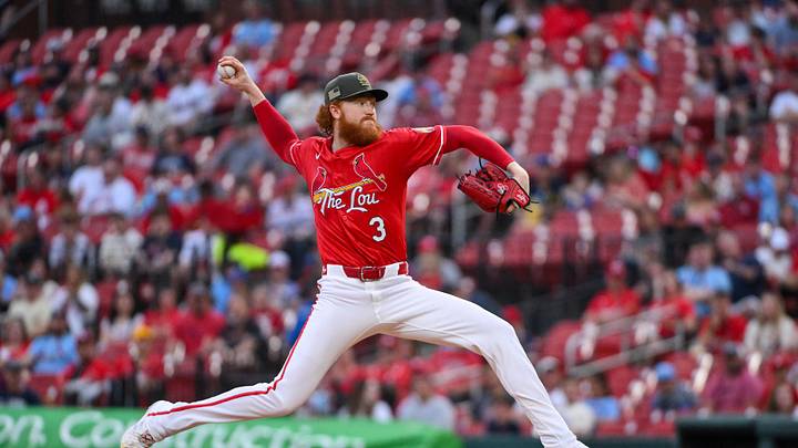 May 15, 2026; St. Louis, Missouri, USA; St. Louis Cardinals starting pitcher Dustin May (3) pitches against the Kansas City Royals during the first inning at Busch Stadium. Mandatory Credit: Jeff Curry-Imagn Images
