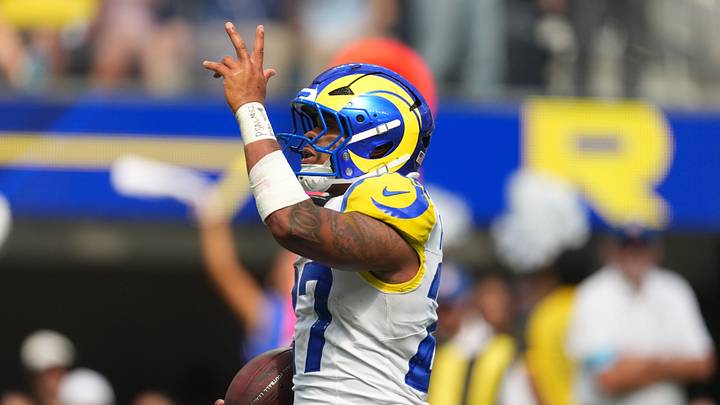 Aug 22, 2026; Inglewood, California, USA; Los Angeles Rams running back Jarquez Hunter (27) reacts after scoring on a 12-yard touchdown run against the New Orleans Saints in the second half at SoFi Stadium. Mandatory Credit: Kirby Lee-Imagn Images Aug 22, 2026; Inglewood, California, USA; Los Angeles Rams running back Jarquez Hunter (27) reacts after scoring on a 12-yard touchdown run against the New Orleans Saints in the second half at SoFi Stadium. Mandatory Credit: Kirby Lee-Imagn Images