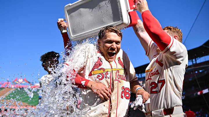 Mar 28, 2026; St. Louis, Missouri, USA; St. Louis Cardinals shortstop JJ Wetherholt (26) is doused with water by shortstop Masyn Winn (0) and left fielder Nathan Church (27) after hitting a walk-off two run single against the Tampa Bay Rays during the tenth inning at Busch Stadium. Mandatory Credit: Jeff Curry-Imagn Images Mar 28, 2026; St. Louis, Missouri, USA; St. Louis Cardinals shortstop JJ Wetherholt (26) is doused with water by shortstop Masyn Winn (0) and left fielder Nathan Church (27) after hitting a walk-off two run single against the Tampa Bay Rays during the tenth inning at Busch Stadium. Mandatory Credit: Jeff Curry-Imagn Images