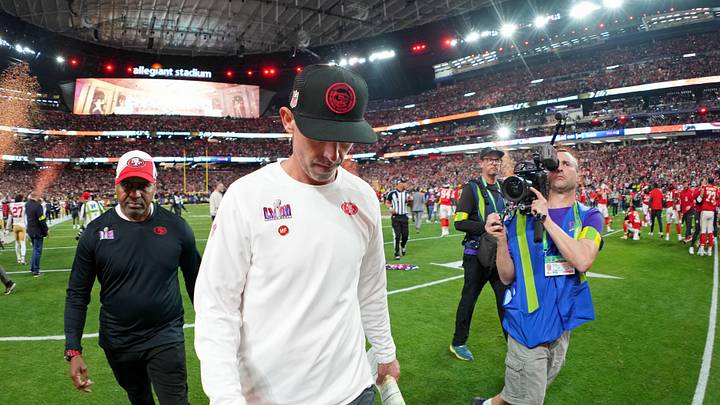 Feb 11, 2024; Paradise, Nevada, USA; San Francisco 49ers head coach Kyle Shanahan walks off the field after losing Super Bowl LVIII to the Kansas City Chiefs at Allegiant Stadium. Mandatory Credit: Kirby Lee-Imagn Images
