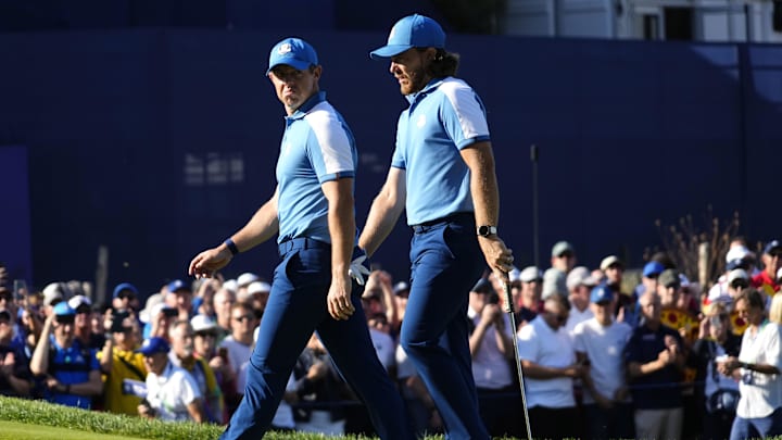 Sep 29, 2023; Rome, ITA; Team Europe golfer Rory McIlroy and golfer Tommy Fleetwood walk on the