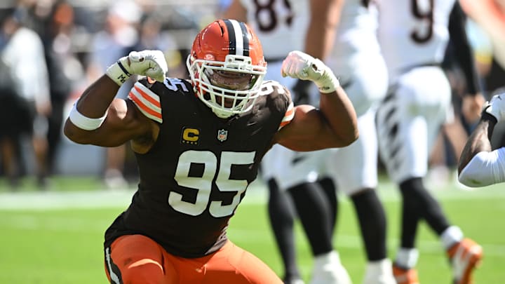 Sep 7, 2025; Cleveland, Ohio, USA; Cleveland Browns defensive end Myles Garrett (95) celebrates after a play during the second half against the Cincinnati Bengals at Huntington Bank Field. Mandatory Credit: Ken Blaze-Imagn Images
