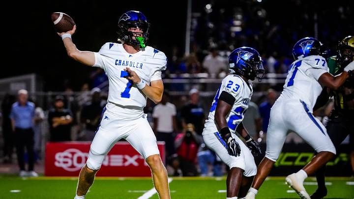 Chandler quarterback Will Mencl (7) throws a pass against Basha during a game at Basha High School in Chandler on Aug. 29, 2026.