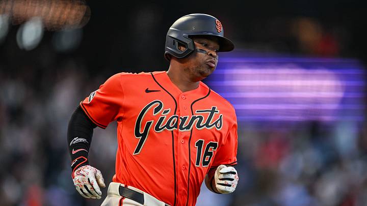 San Francisco, California, USA; San Francisco Giants first baseman Rafael Devers (16) rounds the bases after hitting a 2-run home run to take the lead in the bottom of the first inning Los Angeles Angels at Oracle Park. Mandatory Credit: Justine Willard-Imagn Images