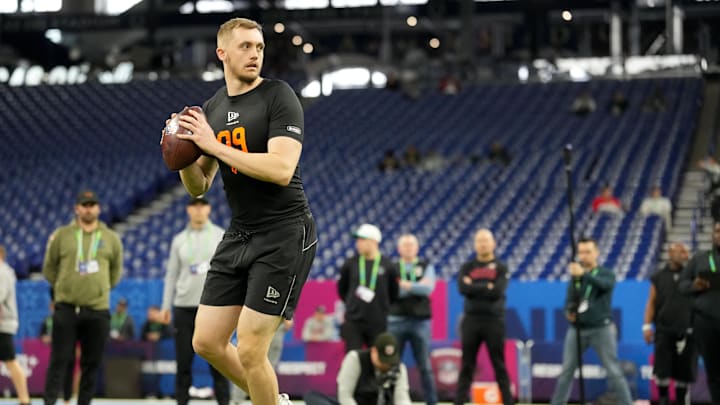 Feb 28, 2026; Indianapolis, IN, USA; Georgia Tech quarterback Haynes King (QB09) during the NFL Scouting Combine at Lucas Oil Stadium. Mandatory Credit: Kirby Lee-Imagn Images
