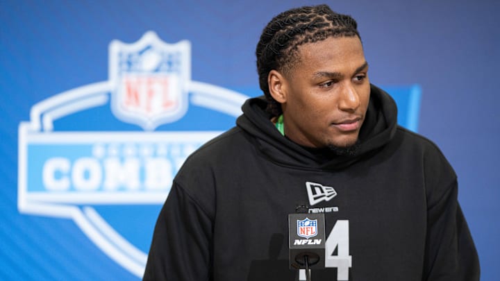 Feb 27, 2026; Indianapolis, IN, USA; Baylor wideout Josh Cameron (WO14) speaks to members of the media during the NFL Combine Feb 27, 2026; Indianapolis, IN, USA; Baylor wideout Josh Cameron (WO14) speaks to members of the media during the NFL Combine