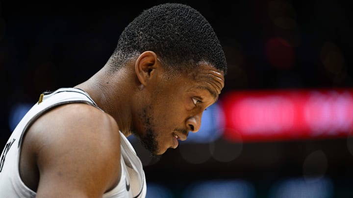 Feb 10, 2025; Washington, District of Columbia, USA; San Antonio Spurs guard De'Aaron Fox (4) looks on during the fourth quarter against the Washington Wizards at Capital One Arena.