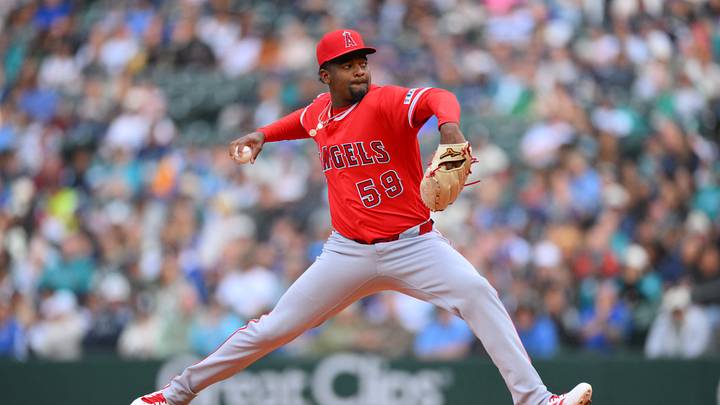 Los Angeles Angels starting pitcher Jose Soriano throws. Los Angeles Angels starting pitcher Jose Soriano throws.