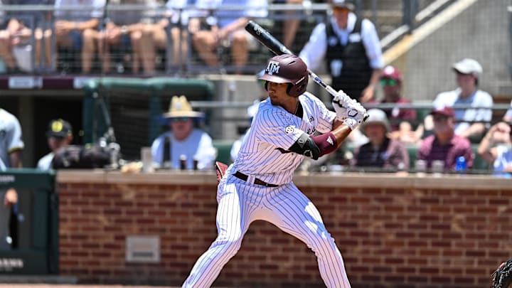 Jun 8, 2024; College Station, TX, USA; Texas A&M outfielder Braden Montgomery (6) at bat during the first inning against the Oregon at Olsen Field, Blue Bell Park Mandatory Credit: Maria Lysaker-Imagn Images
