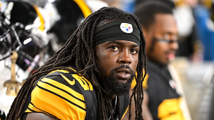 Oct 28, 2024; Pittsburgh, Pennsylvania, USA; Pittsburgh Steelers cornerback Donte Jackson (26) watches the action against the New York Giants during the first quarter at Acrisure Stadium. Mandatory Credit: Barry Reeger-Imagn Images