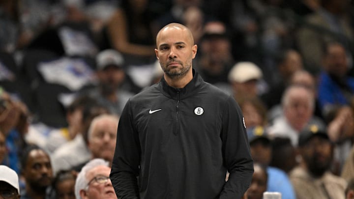 Mar 31, 2025; Dallas, Texas, USA; Brooklyn Nets head coach Jordi Fernandez during the game between the Dallas Mavericks and the Brooklyn Nets at the American Airlines Center. Mandatory Credit: Jerome Miron-Imagn Images