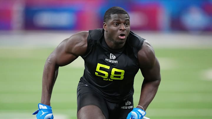 Feb 27, 2025; Indianapolis, IN, USA; UCLA defensive lineman Oluwafemi Oladejo (DL58) participates in drills during the 2025 NFL Combine at Lucas Oil Stadium. Mandatory Credit: Kirby Lee-Imagn Images