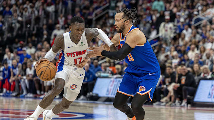 Apr 27, 2025; Detroit, Michigan, USA; New York Knicks guard Jalen Brunson (11) defends against Detroit Pistons guard Dennis Schroder (17) during the fourth quarter of game four of first round for the 2025 NBA Playoffs at Little Caesars Arena. Mandatory Credit: David Reginek-Imagn Images