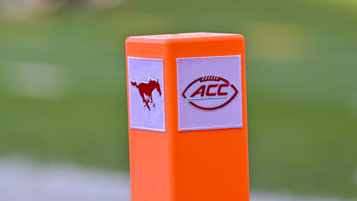 SMU Mustangs and ACC logo. Mandatory Credit: Jerome Miron-Imagn Images SMU Mustangs and ACC logo. Mandatory Credit: Jerome Miron-Imagn Images