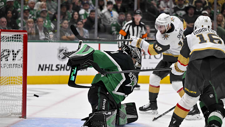 Mar 22, 2026; Dallas, Texas, USA; Vegas Golden Knights right wing Reilly Smith (19) scores the game winning goal past Dallas Stars goaltender Casey DeSmith (1) during the third period at the American Airlines Center. Mandatory Credit: Jerome Miron-Imagn Images Mar 22, 2026; Dallas, Texas, USA; Vegas Golden Knights right wing Reilly Smith (19) scores the game winning goal past Dallas Stars goaltender Casey DeSmith (1) during the third period at the American Airlines Center. Mandatory Credit: Jerome Miron-Imagn Images