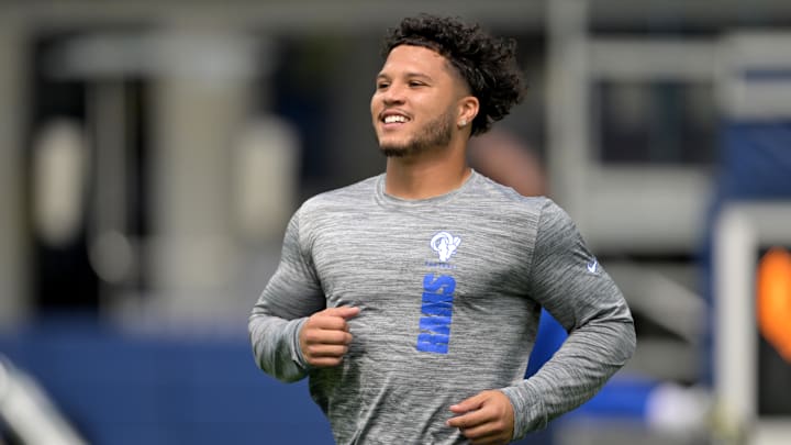 Sep 22, 2024; Inglewood, California, USA;  Los Angeles Rams running back Blake Corum (22) warms up prior to the game against the San Francisco 49ers at SoFi Stadium. Mandatory Credit: Jayne Kamin-Oncea-Imagn Images