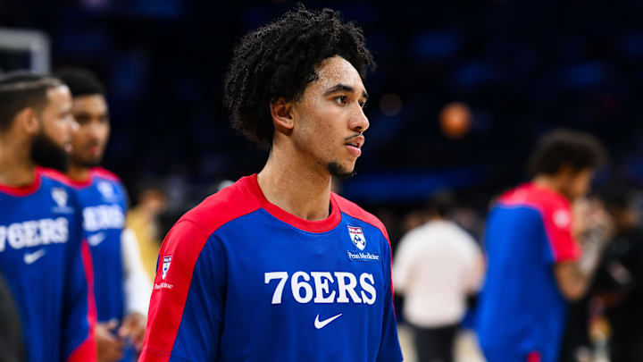 Nov 13, 2024; Philadelphia, Pennsylvania, USA; Philadelphia 76ers guard Jared McCain (20) warms up before the game against the Cleveland Cavaliers at Wells Fargo Center. Mandatory Credit: Kyle Ross-Imagn Images