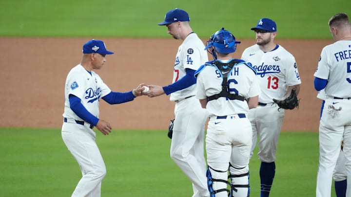 Oct 29, 2025; Los Angeles, California, USA; Los Angeles Dodgers manager Dave Roberts (30) relieves pitcher Blake Snell (7) in the seventh inning during game five of the 2025 MLB World Series at Dodger Stadium. Mandatory Credit: Kirby Lee-Imagn Images Oct 29, 2025; Los Angeles, California, USA; Los Angeles Dodgers manager Dave Roberts (30) relieves pitcher Blake Snell (7) in the seventh inning during game five of the 2025 MLB World Series at Dodger Stadium. Mandatory Credit: Kirby Lee-Imagn Images