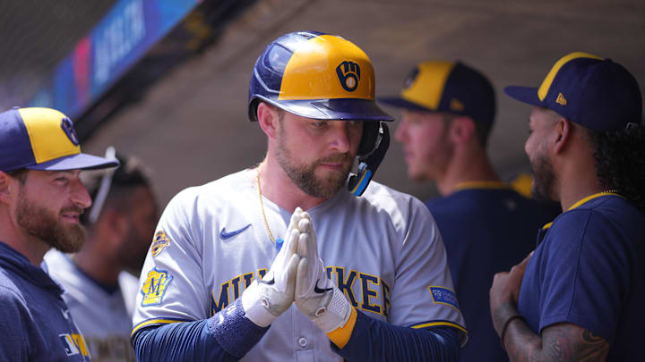 Jun 22, 2025; Minneapolis, Minnesota, USA; Milwaukee Brewers first base Rhys Hoskins (12) celebrates his run against the Minnesota Twins in the second inning at Target Field. Mandatory Credit: Brad Rempel-Imagn Images Jun 22, 2025; Minneapolis, Minnesota, USA; Milwaukee Brewers first base Rhys Hoskins (12) celebrates his run against the Minnesota Twins in the second inning at Target Field. Mandatory Credit: Brad Rempel-Imagn Images