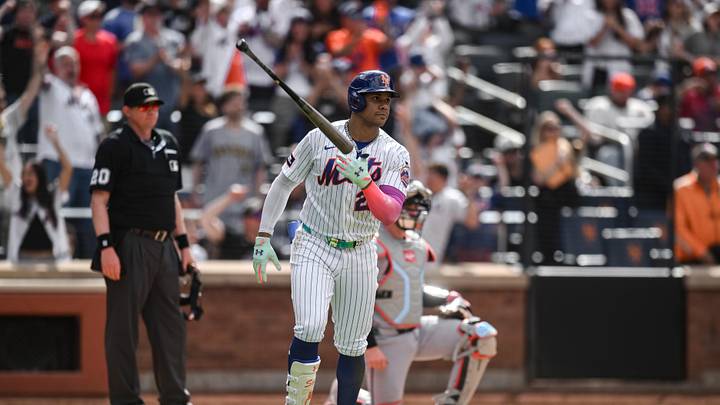 May 31, 2026; New York City, New York, USA; New York Mets left fielder Juan Soto (22) reacts after hitting a grand slam home run against the Miami Marlins during the sixth inning at Citi Field. Mandatory Credit: John Jones-Imagn Images