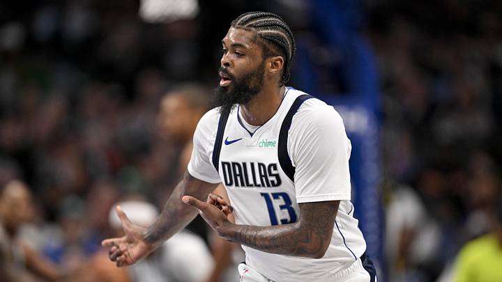 Feb 5, 2026; Dallas, Texas, USA; Dallas Mavericks forward Naji Marshall (13) celebrates making a three point shot against the San Antonio Spurs during the second half at the American Airlines Center. Mandatory Credit: Jerome Miron-Imagn Images