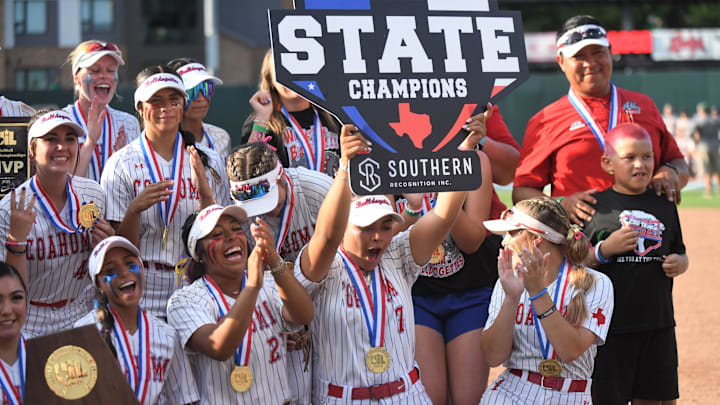 The Coahoma softball team celebrates after a win over Lexington in the Class 3A Division II state championship Thursday, May 29, 2025, at McCombs Field in Austin. The Coahoma softball team celebrates after a win over Lexington in the Class 3A Division II state championship Thursday, May 29, 2025, at McCombs Field in Austin.