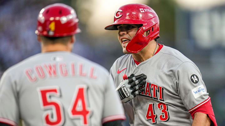 Cincinnati Reds first baseman Sal Stewart (43) celebrates a two-RBI single in the first inning of the MLB National League Wild Card Game 2 between the Los Angeles Dodgers and the Cincinnati Reds at Dodger Stadium in Los Angeles on Wednesday, Oct. 1, 2025. The Reds were eliminated from the postseason with an 8-4 loss to the reining World Series Champions La Dodgers. Cincinnati Reds first baseman Sal Stewart (43) celebrates a two-RBI single in the first inning of the MLB National League Wild Card Game 2 between the Los Angeles Dodgers and the Cincinnati Reds at Dodger Stadium in Los Angeles on Wednesday, Oct. 1, 2025. The Reds were eliminated from the postseason with an 8-4 loss to the reining World Series Champions La Dodgers.