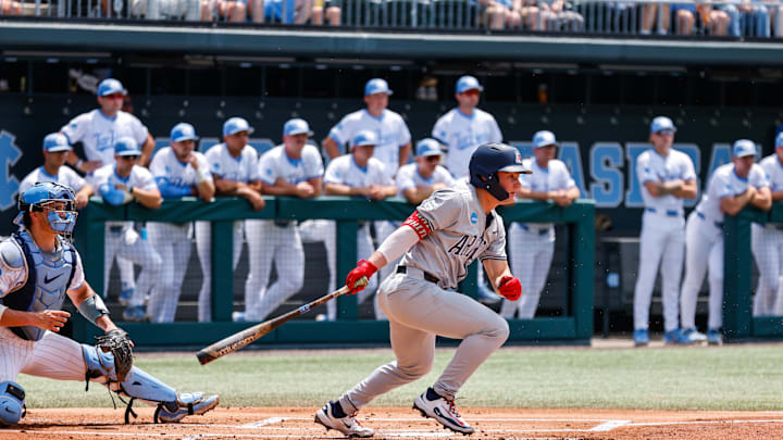 Jun 8, 2025; Chapel Hill, NC, USA;  Arizona infielder Mason White (24) hits the ball during the first inning of the Super Regionals game against North Carolina in Chapel Hill, North Carolina. Mandatory Credit: Jaylynn Nash-Imagn Images