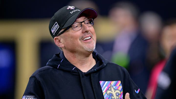 Oct 19, 2023; New Orleans, Louisiana, USA; New Orleans Saints offensive coordinator Pete Carmichael smiles before a game against the Jacksonville Jaguars