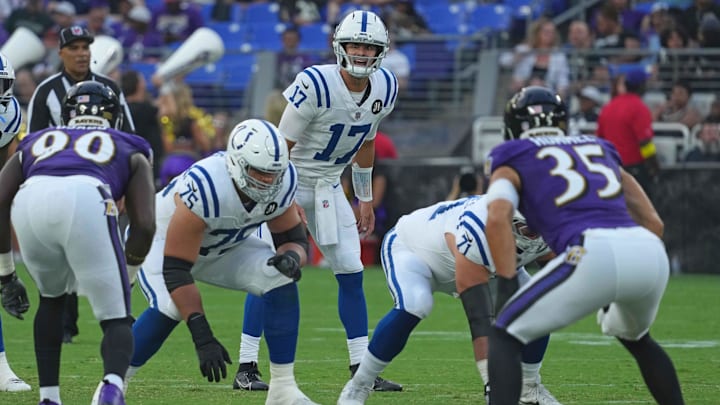 Aug 7, 2025; Baltimore, Maryland, USA; Indianapolis Colts quarterback Daniel Jones (17) runs the offense during the first quarter against the Baltimore Ravens at M&T Bank Stadium. Mandatory Credit: Mitch Stringer-Imagn Images