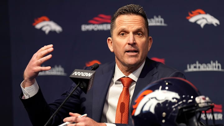 Feb 6, 2023; Englewood, CO, USA; General manager George Paton speaks during a press conference at