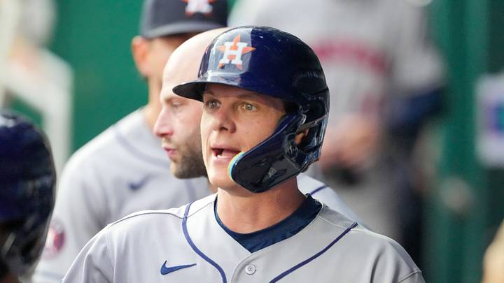 Jun 13, 2026; Kansas City, Missouri, USA; Houston Astros center fielder Jake Meyers (6) celebrates in the dugout against the Kansas City Royals after scoring during the fifth inning at Kauffman Stadium. Mandatory Credit: Denny Medley-Imagn Images