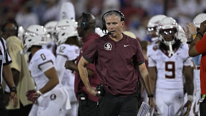 Sep 28, 2024; Dallas, Texas, USA; Florida State Seminoles head coach Mike Norvell during the game between the Southern Methodist Mustangs and the Florida State Seminoles at Gerald J. Ford Stadium. Mandatory Credit: Jerome Miron-Imagn Images