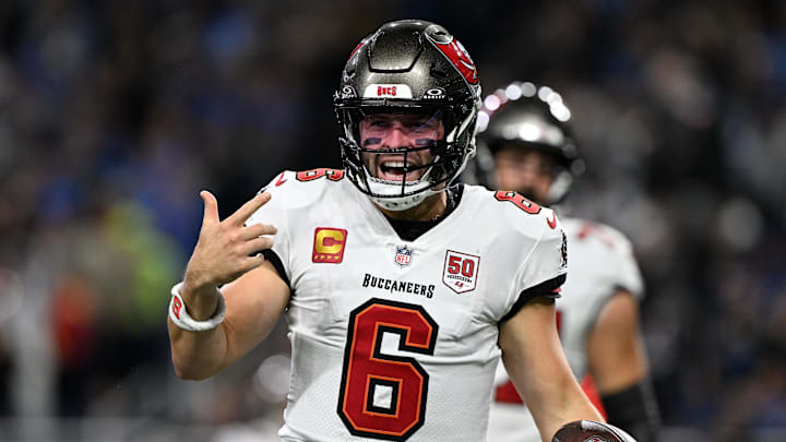 Oct 20, 2025; Detroit, Michigan, USA; Tampa Bay Buccaneers quarterback Baker Mayfield (6) reacts against the Detroit Lions during the first half at Ford Field. Mandatory Credit: Lon Horwedel-Imagn Images