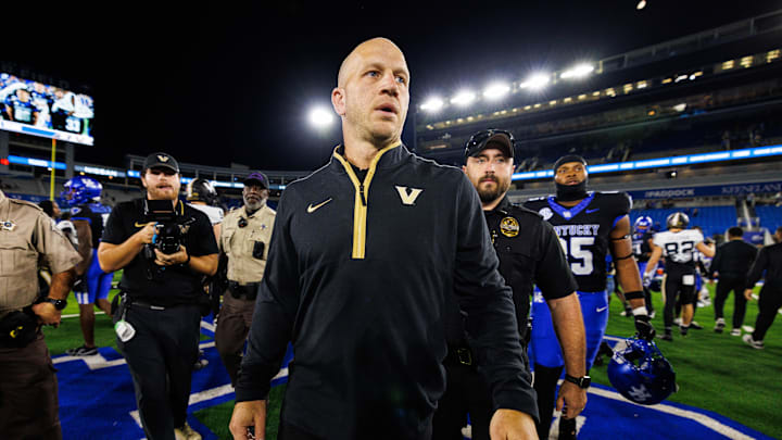 Oct 12, 2024; Lexington, Kentucky, USA; Vanderbilt Commodores head coach Clark Lea walks off the field after a game against the Kentucky Wildcats at Kroger Field. Mandatory Credit: Jordan Prather-Imagn Images
