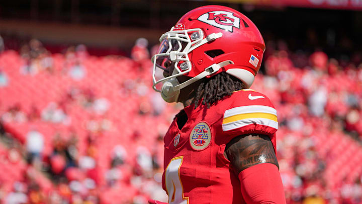Sep 15, 2024; Kansas City, Missouri, USA; Kansas City Chiefs wide receiver Rashee Rice (4) warms up against the Cincinnati Bengals prior to a game at GEHA Field at Arrowhead Stadium. Mandatory Credit: Denny Medley-Imagn Images