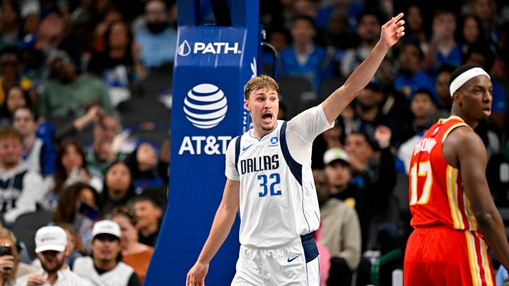 Oct 16, 2026; Dallas, Texas, USA; Dallas Mavericks forward Cooper Flagg (32) reacts during the game between the Mavericks and the Hawks at American Airlines Center. Mandatory Credit: Jerome Miron-Imagn Images