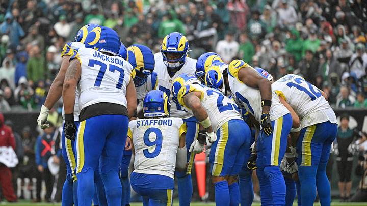 Oct 4, 2026; Philadelphia, Pennsylvania, USA; Los Angeles Rams quarterback Matthew Stafford (9) leads the team in the huddle against the Philadelphia Eagles at Lincoln Financial Field. Mandatory Credit: Eric Hartline-Imagn Images Oct 4, 2026; Philadelphia, Pennsylvania, USA; Los Angeles Rams quarterback Matthew Stafford (9) leads the team in the huddle against the Philadelphia Eagles at Lincoln Financial Field. Mandatory Credit: Eric Hartline-Imagn Images
