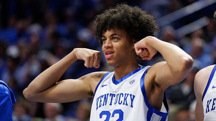 Oct 24, 2025; Lexington, KY, USA; Kentucky Wildcats forward Braydon Hawthorne (22) gestures in celebration from the bench during the second half against the Purdue Boilermakers at Rupp Arena at Central Bank Center. Mandatory Credit: Jordan Prather-Imagn Images Oct 24, 2025; Lexington, KY, USA; Kentucky Wildcats forward Braydon Hawthorne (22) gestures in celebration from the bench during the second half against the Purdue Boilermakers at Rupp Arena at Central Bank Center. Mandatory Credit: Jordan Prather-Imagn Images
