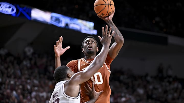 Feb 28, 2026; College Station, Texas, USA; Texas Longhorns forward Nic Codie (10) shoots the ball as Texas A&M Aggies forward Rashaun Agee (12) defends during the first half at Reed Arena. Mandatory Credit: Maria Lysaker-Imagn Images Feb 28, 2026; College Station, Texas, USA; Texas Longhorns forward Nic Codie (10) shoots the ball as Texas A&M Aggies forward Rashaun Agee (12) defends during the first half at Reed Arena. Mandatory Credit: Maria Lysaker-Imagn Images