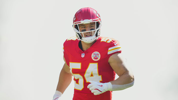 Sep 28, 2025; Kansas City, Missouri, USA; Kansas City Chiefs linebacker Leo Chenal (54) takes the field prior to a game against the Baltimore Ravens at GEHA Field at Arrowhead Stadium. Mandatory Credit: Jay Biggerstaff-Imagn Images