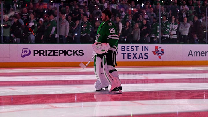 May 29, 2025; Dallas, Texas, USA; Dallas Stars goaltender Jake Oettinger (29) is introduced before the game against the Edmonton Oilers in game five of the Western Conference Final of the 2025 Stanley Cup Playoffs at American Airlines Center. Mandatory Credit: Jerome Miron-Imagn Images May 29, 2025; Dallas, Texas, USA; Dallas Stars goaltender Jake Oettinger (29) is introduced before the game against the Edmonton Oilers in game five of the Western Conference Final of the 2025 Stanley Cup Playoffs at American Airlines Center. Mandatory Credit: Jerome Miron-Imagn Images