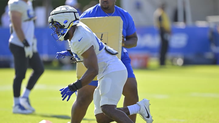 Jul 29, 2024; Los Angeles, CA, USA; Los Angeles Rams linebacker Omar Speights (48) participates during training camp at Loyola Marymount University. Mandatory Credit: Jayne Kamin-Oncea-Imagn Images