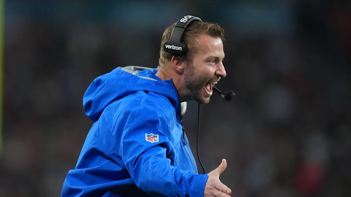 Oct 19, 2025; London, United Kingdom; Los Angeles Rams head coach Sean McVay celebrates after a touchdown in the second half against the Jacksonville Jaguars during a NFL International Series game at Wembley Stadium. Mandatory Credit: Kirby Lee-Imagn Images