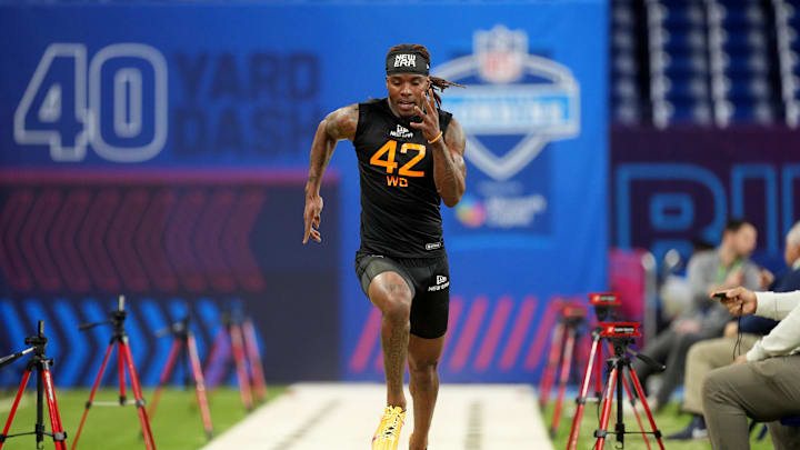Mar 1, 2025; Indianapolis, IN, USA; Tennessee wideout Dont'e Thornton (WO42) during the 2025 NFL Combine at Lucas Oil Stadium. Mandatory Credit: Kirby Lee-Imagn Images