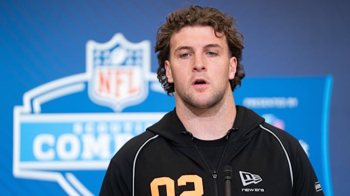 Feb 27, 2026; Indianapolis, IN, USA; Michigan running back Max Bredeson (RB02) speaks to members of the media during the NFL Combine at the Indiana Convention Center. Mandatory Credit: Jacob Musselman-Imagn Images