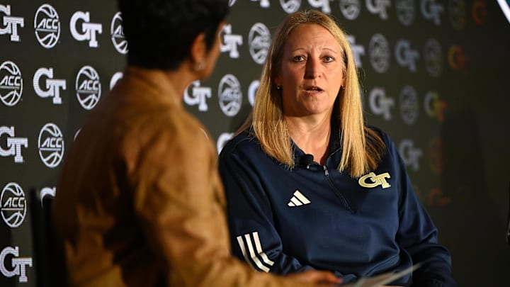 Oct 6, 2025; Charlotte, NC, USA; Georgia Tech head coach Karen Blair answers questions from the media at The Hilton Charlotte Uptown. Mandatory Credit: William Howard-Imagn Images Oct 6, 2025; Charlotte, NC, USA; Georgia Tech head coach Karen Blair answers questions from the media at The Hilton Charlotte Uptown. Mandatory Credit: William Howard-Imagn Images