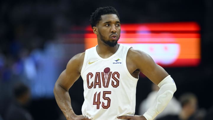 May 11, 2024; Cleveland, Ohio, USA; Cleveland Cavaliers guard Donovan Mitchell (45) stands on the court in the second quarter of game three of the second round of the 2024 NBA playoffs against the Boston Celtics at Rocket Mortgage FieldHouse. Mandatory Credit: David Richard-USA TODAY Sports