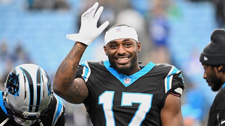 Dec 28, 2025; Charlotte, North Carolina, USA; Carolina Panthers wide receiver Xavier Legette (17) warms up before the game against the Seattle Seahawks at Bank of America Stadium. Mandatory Credit: Bob Donnan-Imagn Images